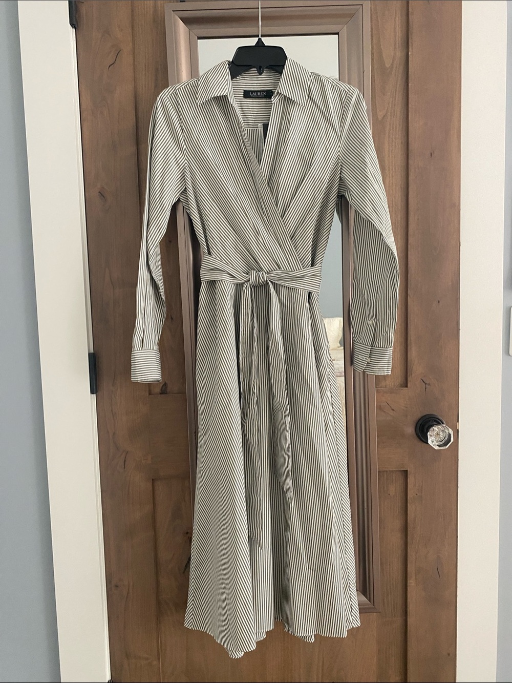 Lauren Ralph Lauren Olive Green and White Pinstripe Long-Sleeve Wrap Midi Dress